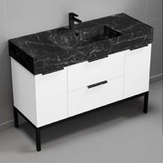 Modern Bathroom Vanity, 48 inch, Black Marble Style Sink, Free Standing
